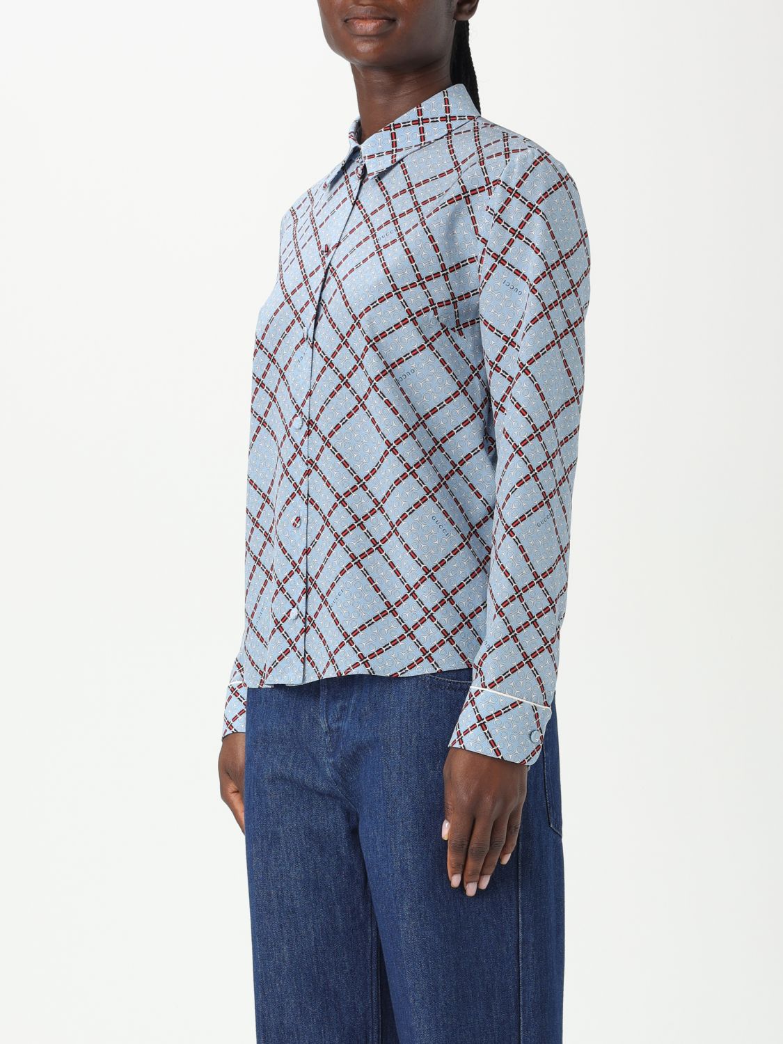 Gucci Printed Silk Blouse Long Sleeves Women Blue Shirts & Tops