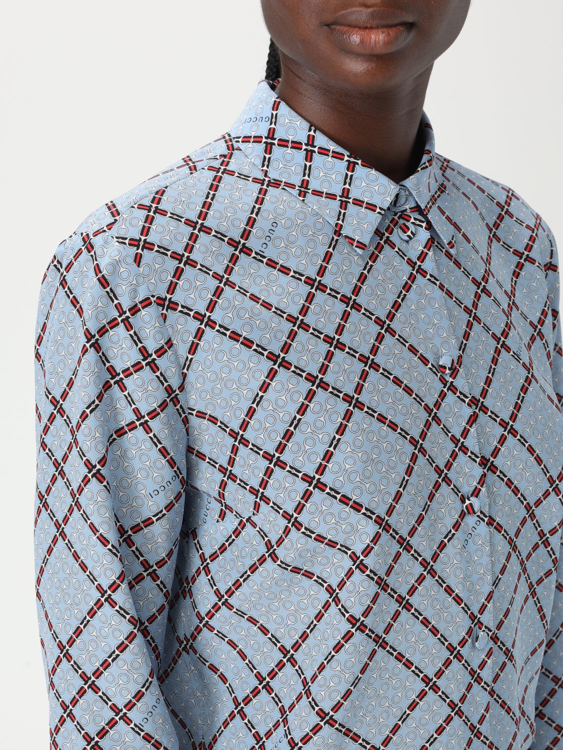 Gucci Printed Silk Blouse Long Sleeves Women Blue Shirts & Tops