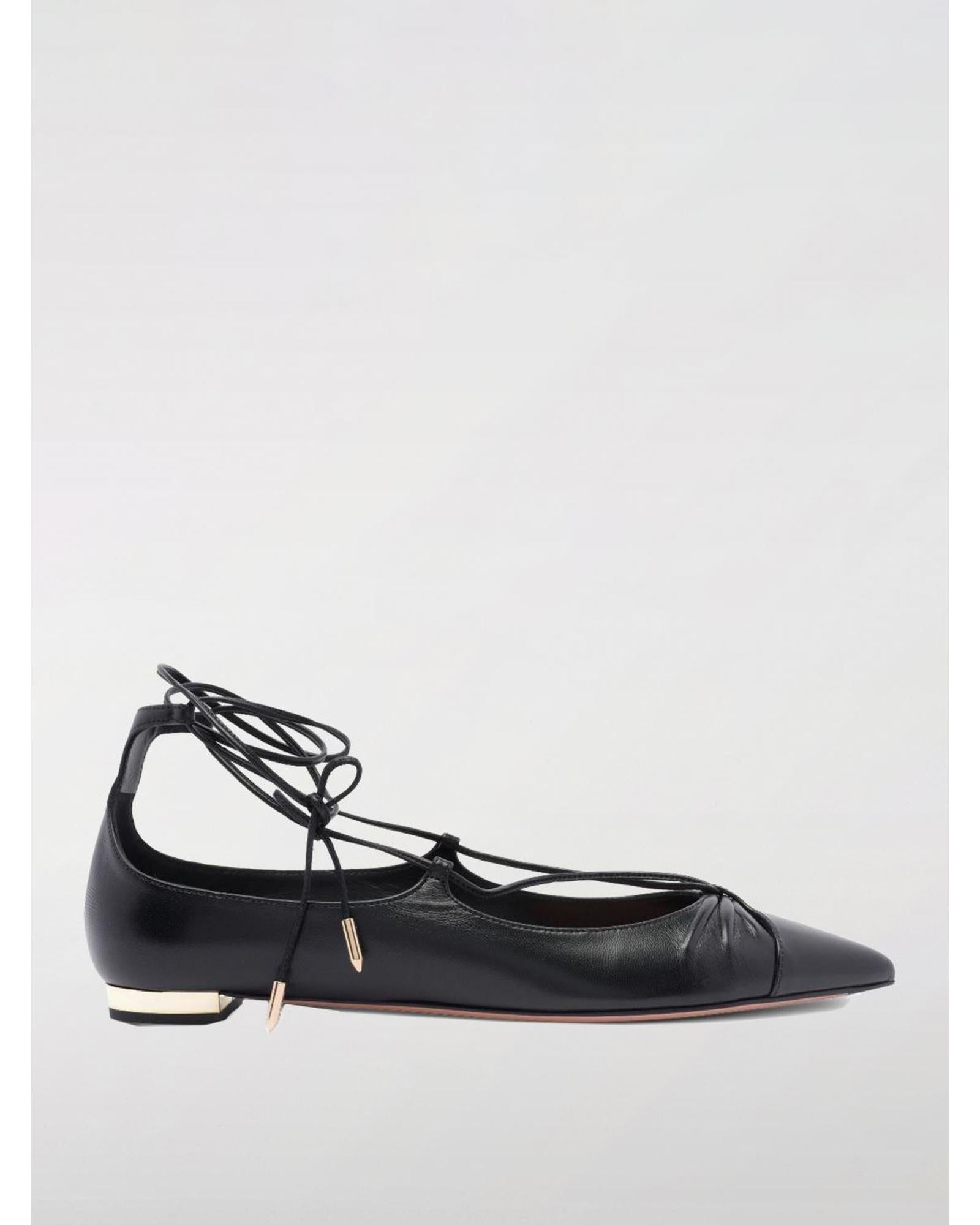 Aquazzura LaceUp PointToe Leather Flats Women Black Ballet Flats