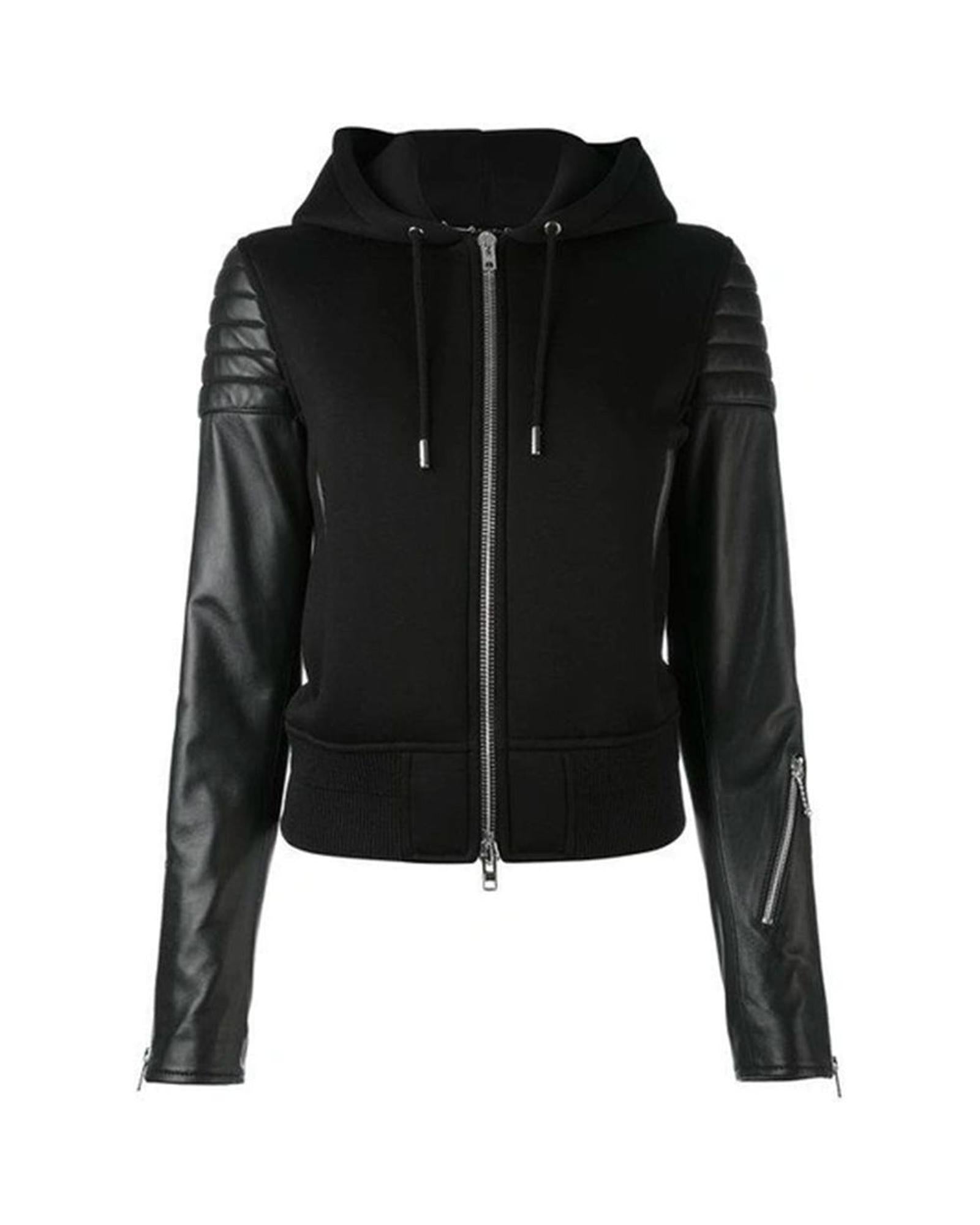 Givenchy Hooded LeatherSleeve Jacket Model Black Women Jackets & Coats