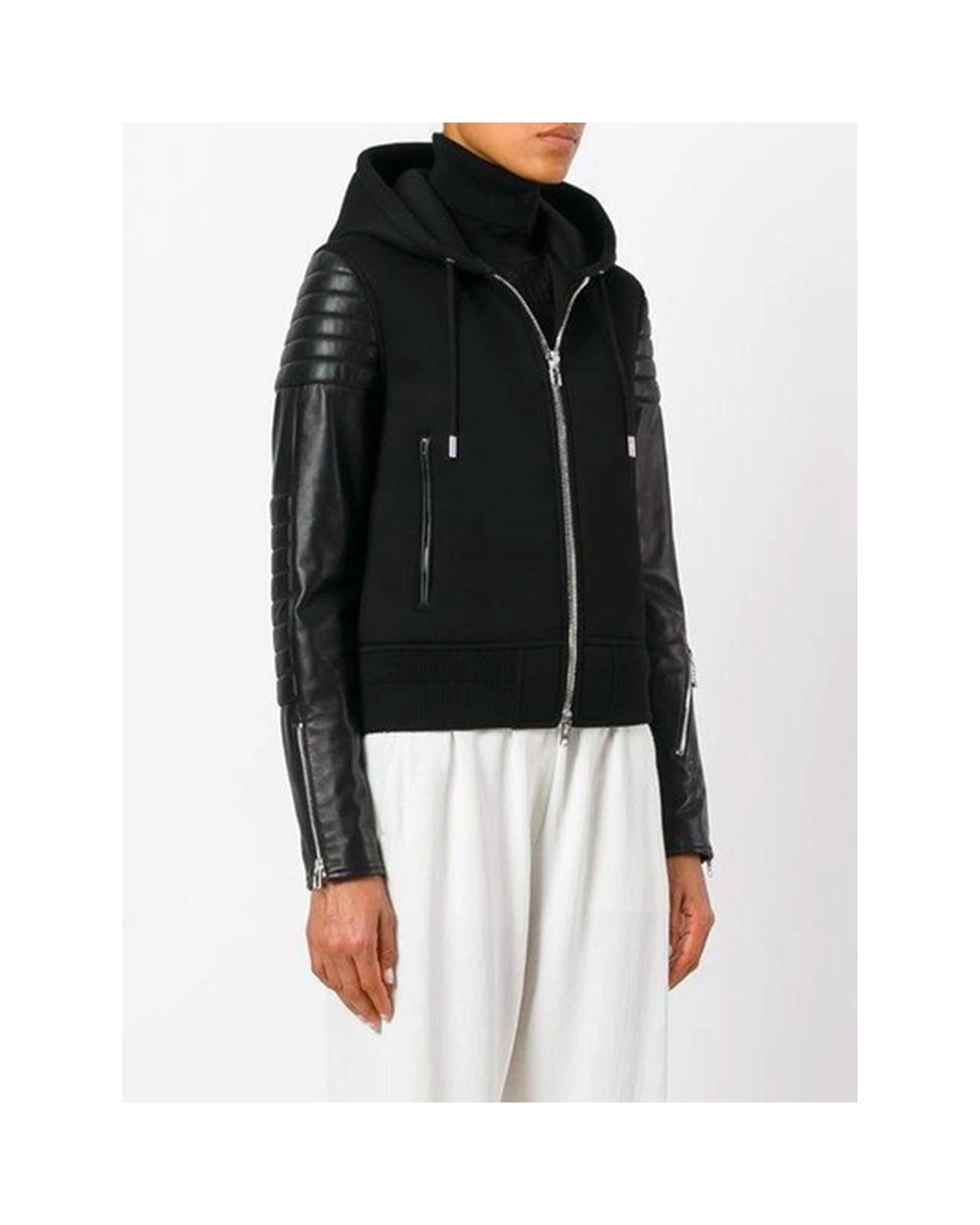 Givenchy Hooded LeatherSleeve Jacket Model Black Women Jackets & Coats