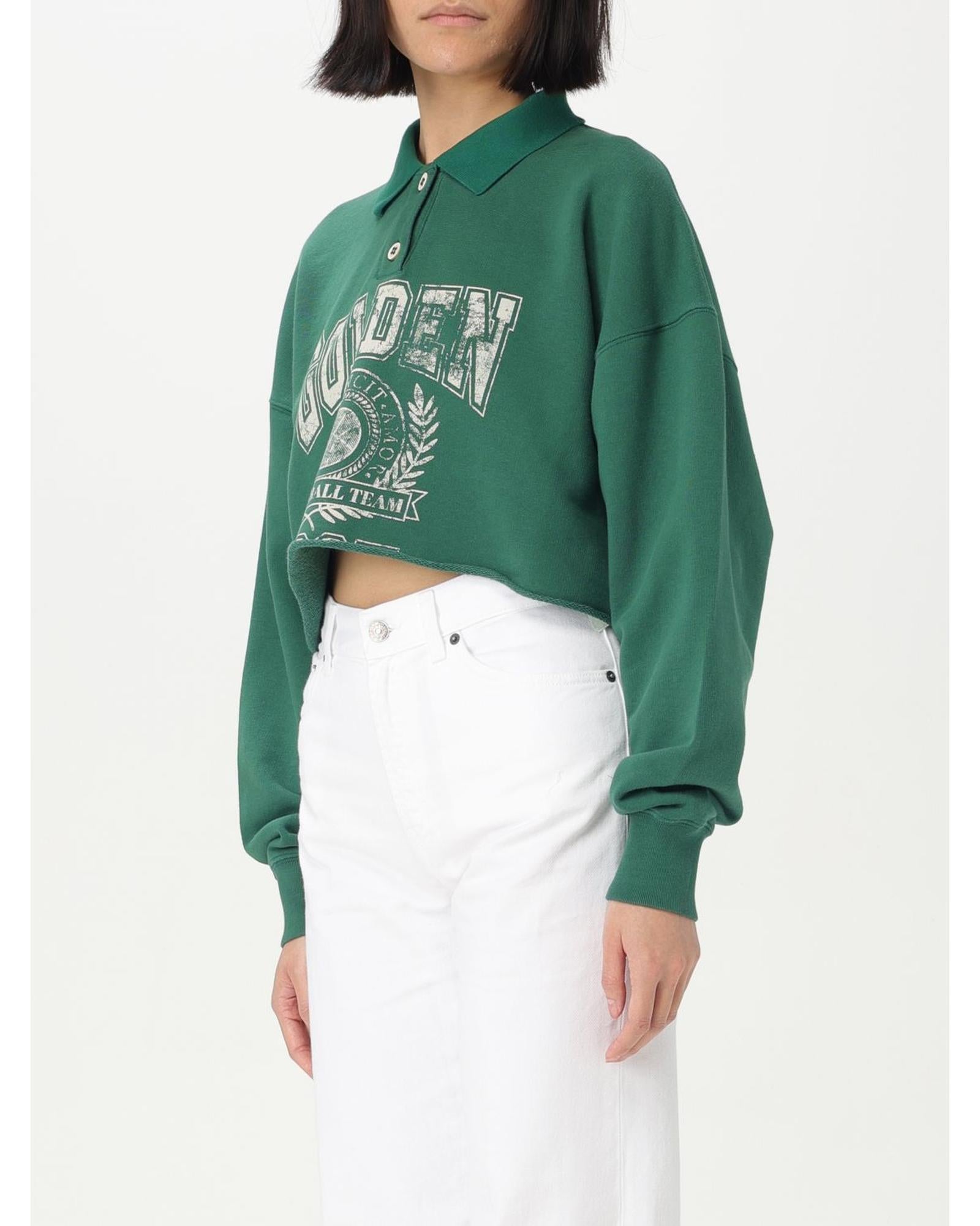Golden Goose Cropped Polo Sweatshirt Vintage Graphic Women Green Polo Shirts