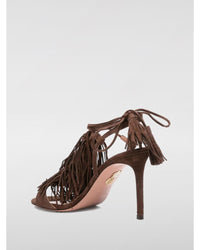 Aquazzura Christy Suede Fringe Sandals Women Coffee Heels