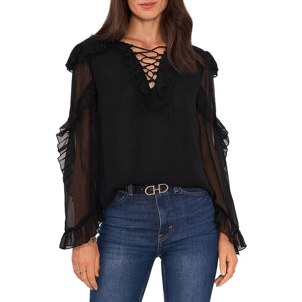 Womens Ruffled Lace-Up Blouse