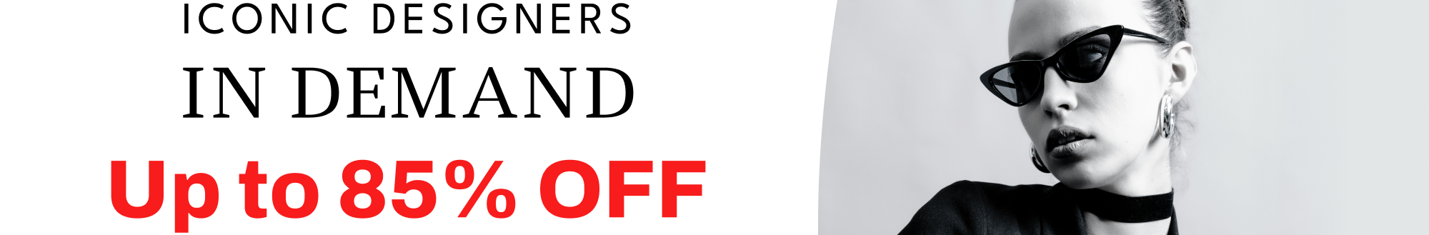 Promotional banner for fashion sale with a person wearing sunglasses and a black outfit.