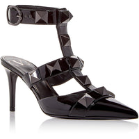 Womens Leather Studded T-Strap Heels Black Black