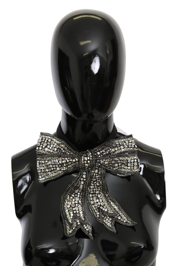 Dolce & Gabbana Silver Crystal Beaded Sequined 100% Silk Catwalk Necklace Women's Bowtie