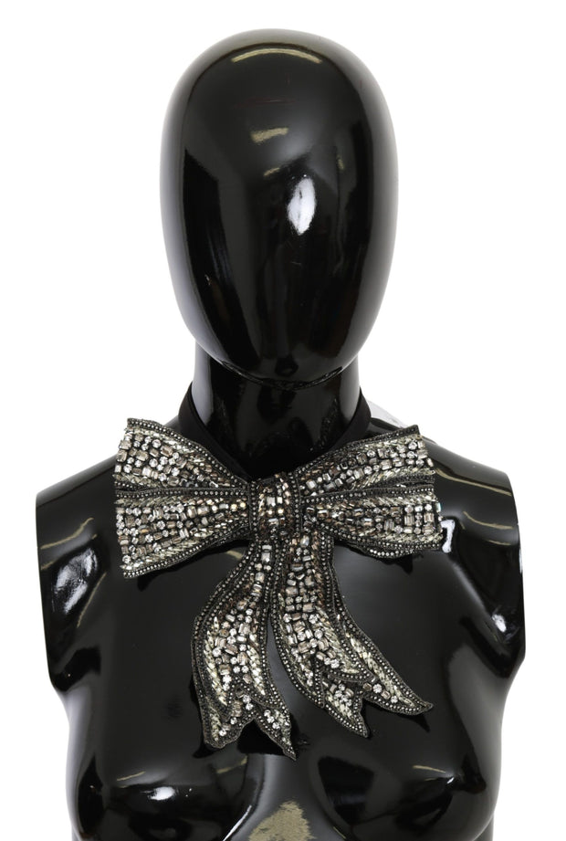 Dolce & Gabbana Silver Crystal Beaded Sequined 100% Silk Catwalk Necklace Women's Bowtie