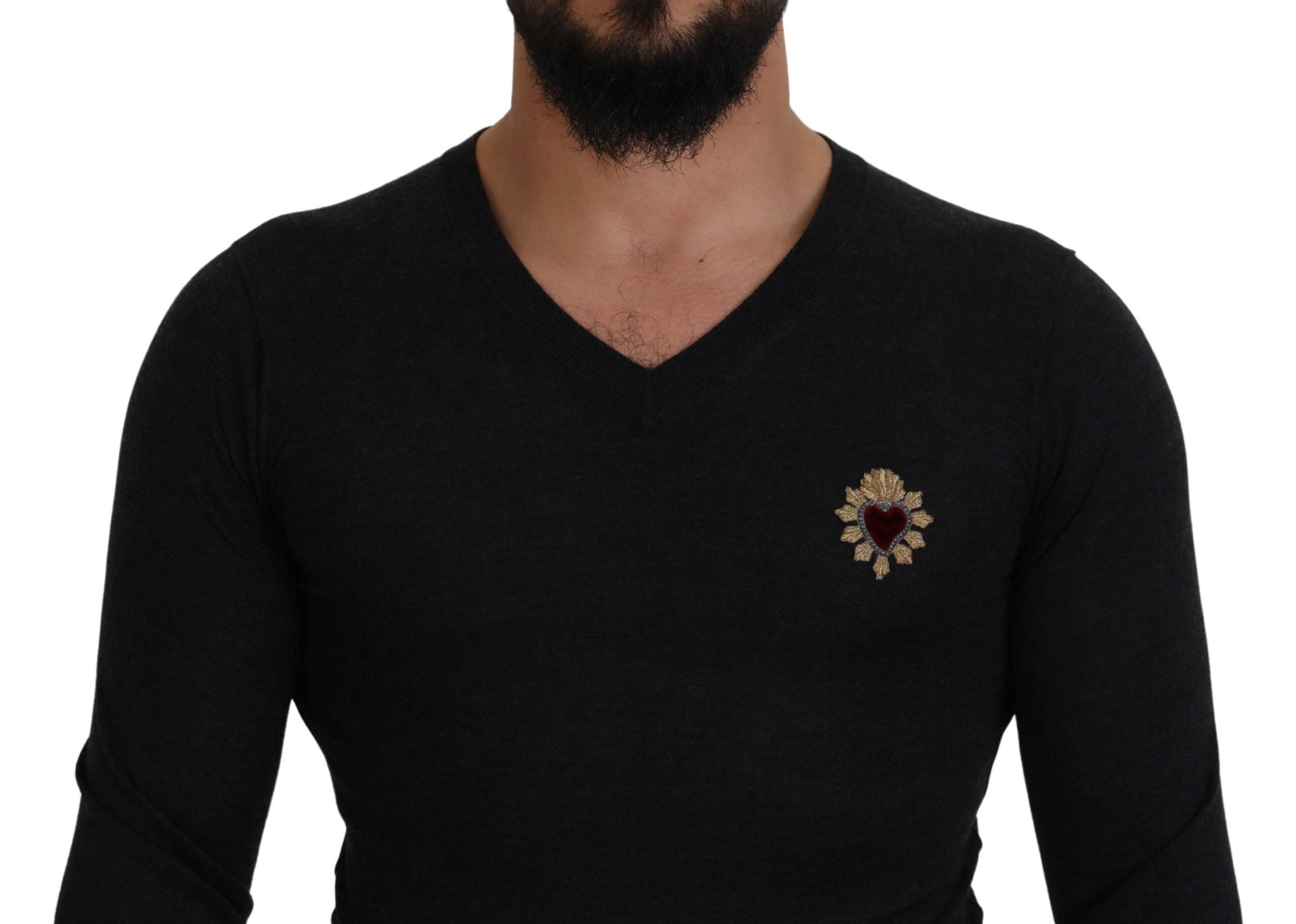 Dolce & Gabbana Gray Cashmere V-neck Gold Heart Men's Sweater8