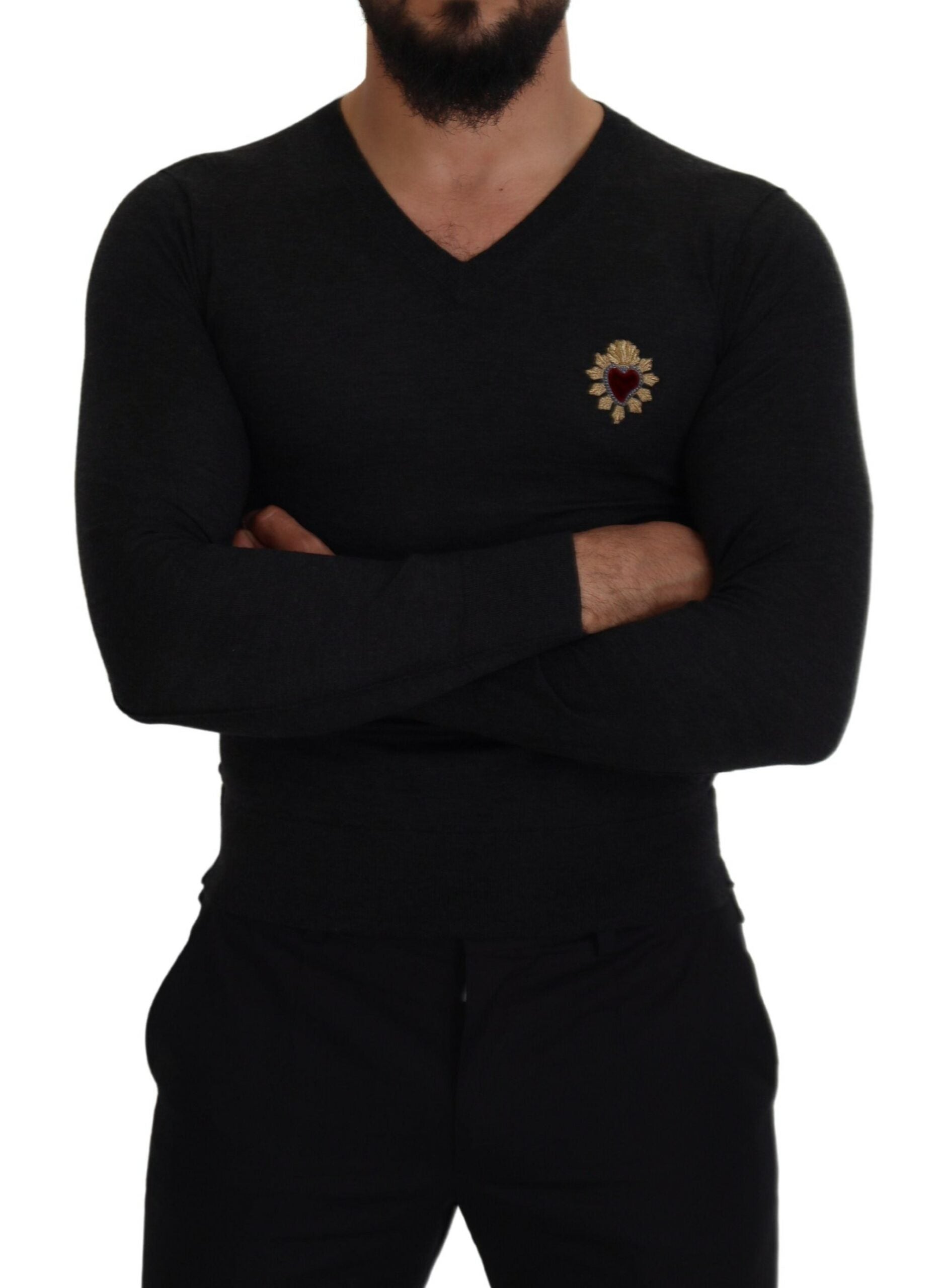 Dolce & Gabbana Gray Cashmere V-neck Gold Heart Men's Sweater10