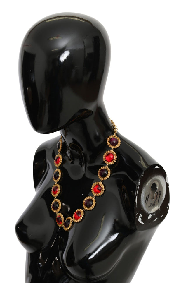 Dolce & Gabbana Red Purple Crystal Floral Chain Statement Gold Brass Women's Necklace