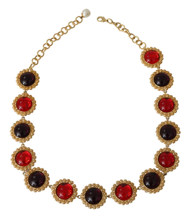 Dolce & Gabbana Red Purple Crystal Floral Chain Statement Gold Brass Women's Necklace