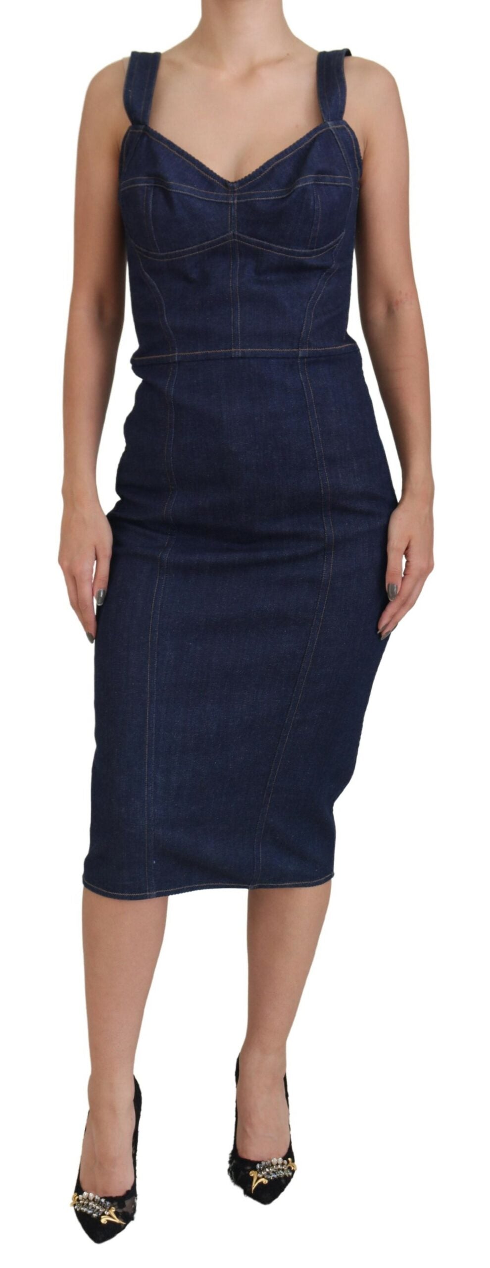 Dolce & Gabbana Dark Blue Cotton Denim Sheath Midi Women's Dress