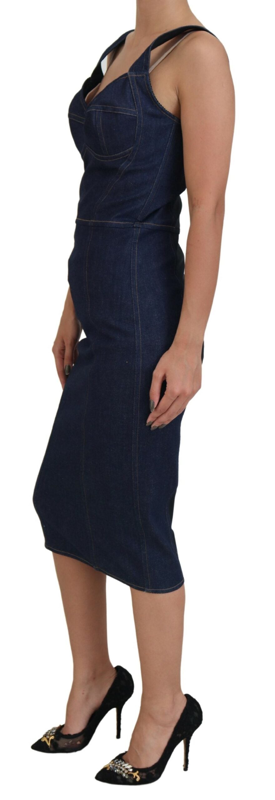 Dolce & Gabbana Dark Blue Cotton Denim Sheath Midi Women's Dress