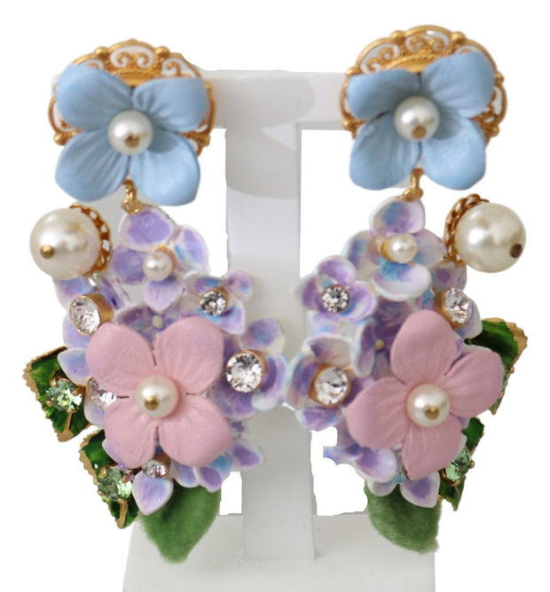 Dolce & Gabbana Purple Crystal Floral Pearl Hortensia Bouquet Clip-on Women's Earrings