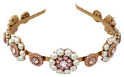 Dolce & Gabbana Gold Tiara Crystal Floral Pearl Headband Logo Women's Diadem
