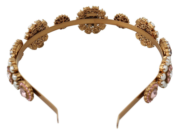 Dolce & Gabbana Gold Tiara Crystal Floral Pearl Headband Logo Women's Diadem