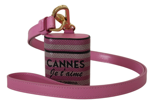 Dolce & Gabbana Pink Black Leather Strap Gold Metal Logo Airpods Women's Case