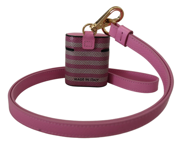 Dolce & Gabbana Pink Black Leather Strap Gold Metal Logo Airpods Women's Case
