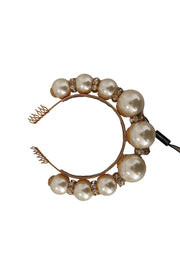 Dolce & Gabbana Gold Brass Crystal Faux Pearl Crown Logo Tiara Women's Diadem
