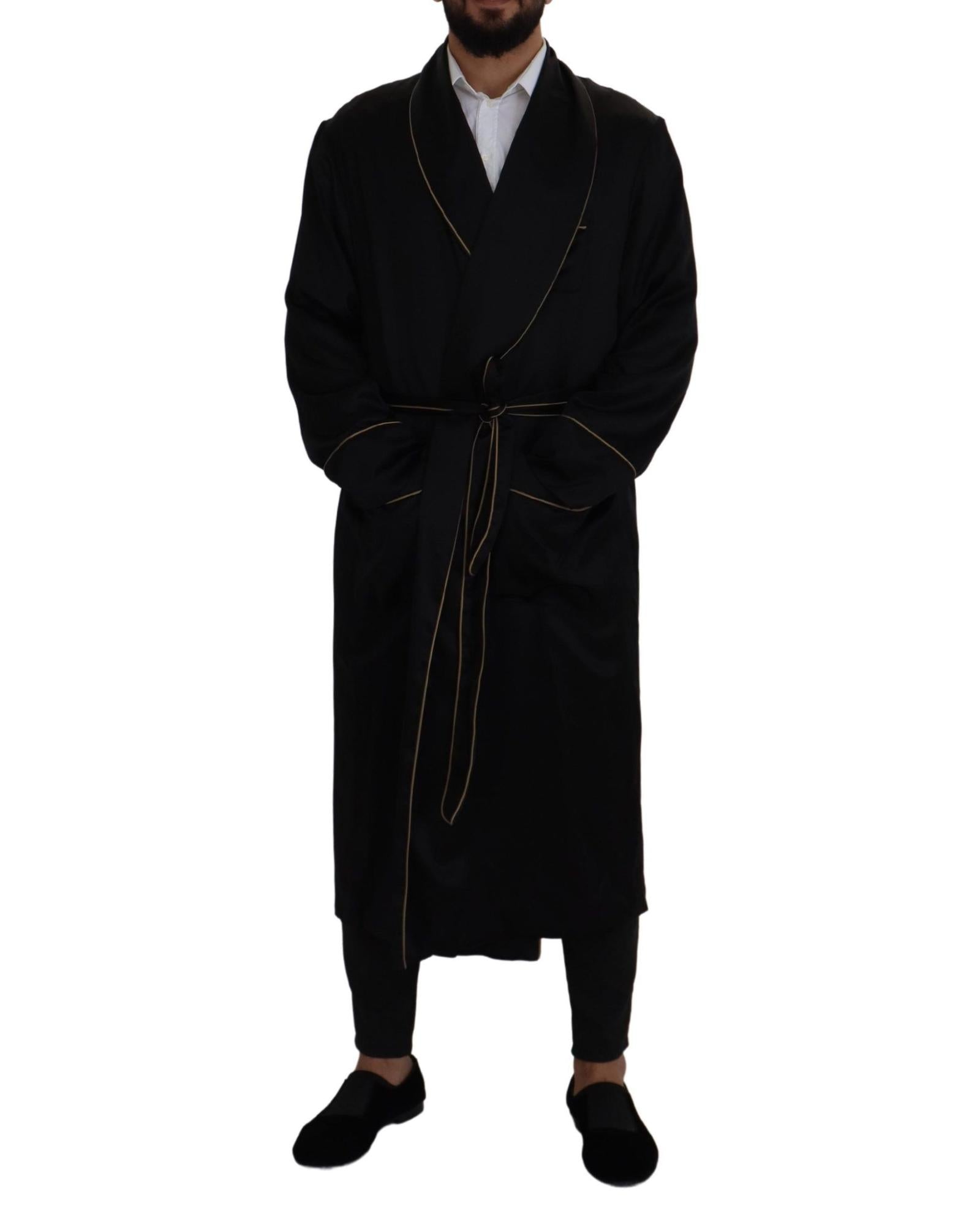 Dolce & Gabbana  Mens Black Silk Robe with Gold Piping