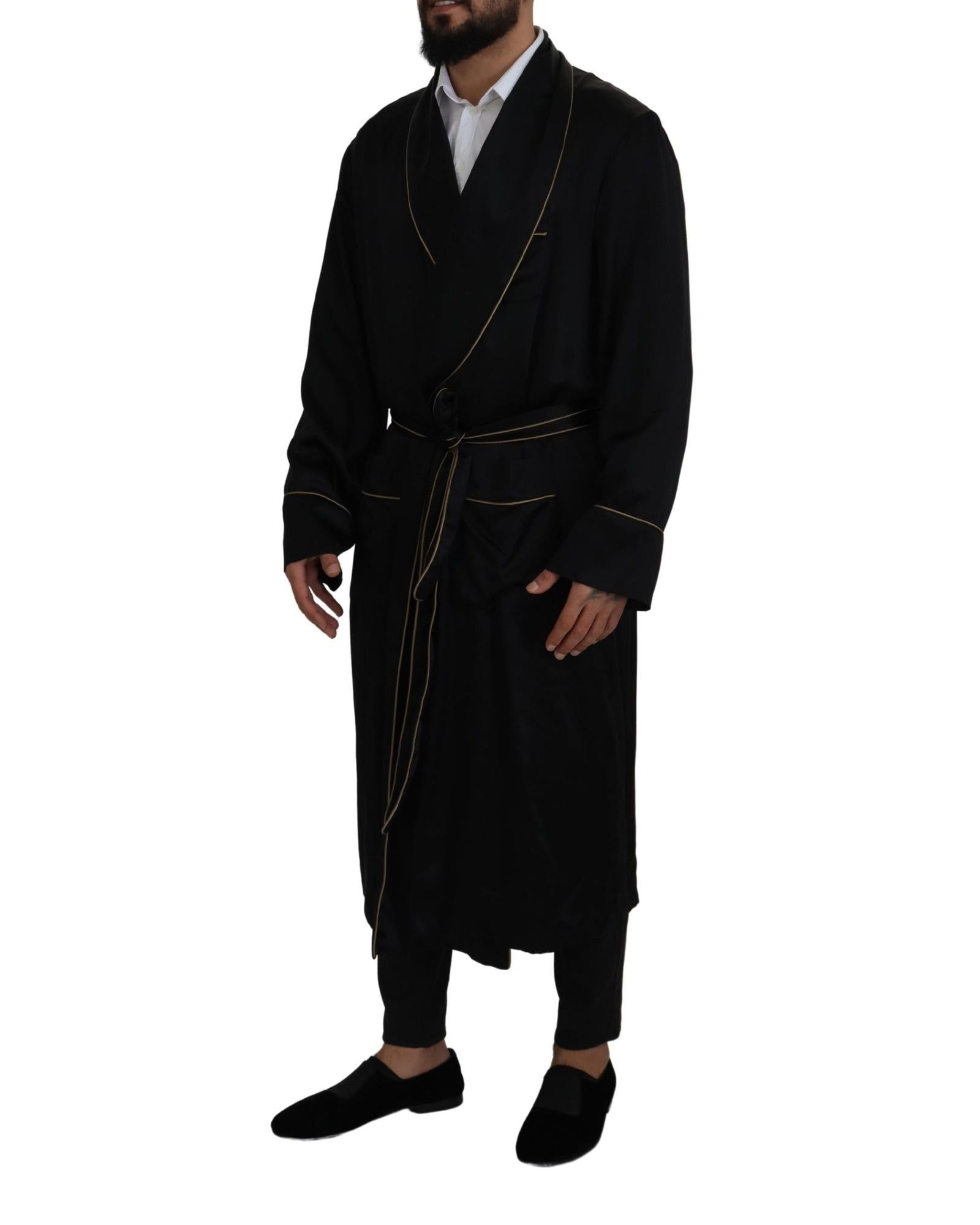 Dolce & Gabbana  Mens Black Silk Robe with Gold Piping