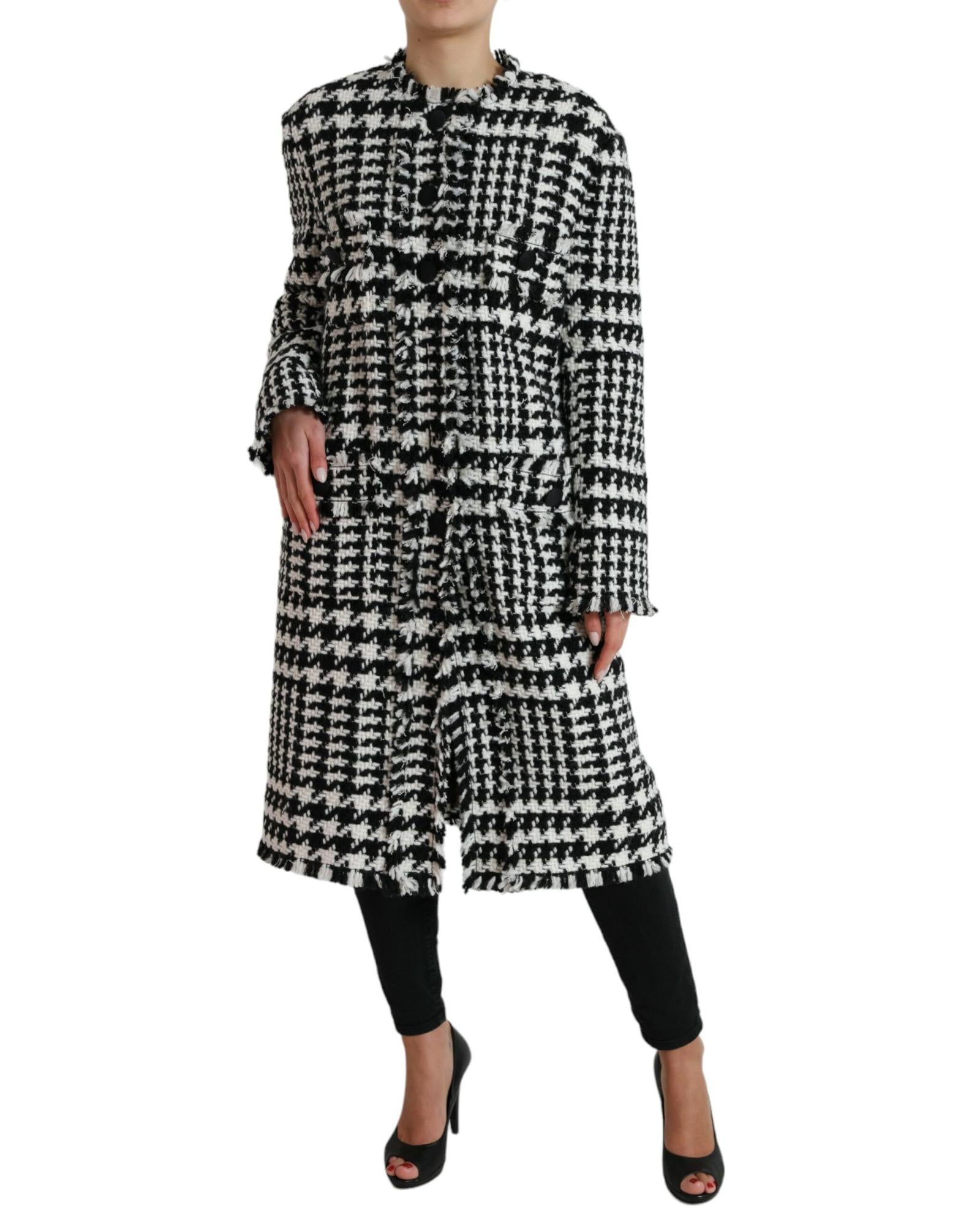 Dolce & Gabbana Longline Tweed Coat Model JKT3697 Women Black And White Jackets & Coats