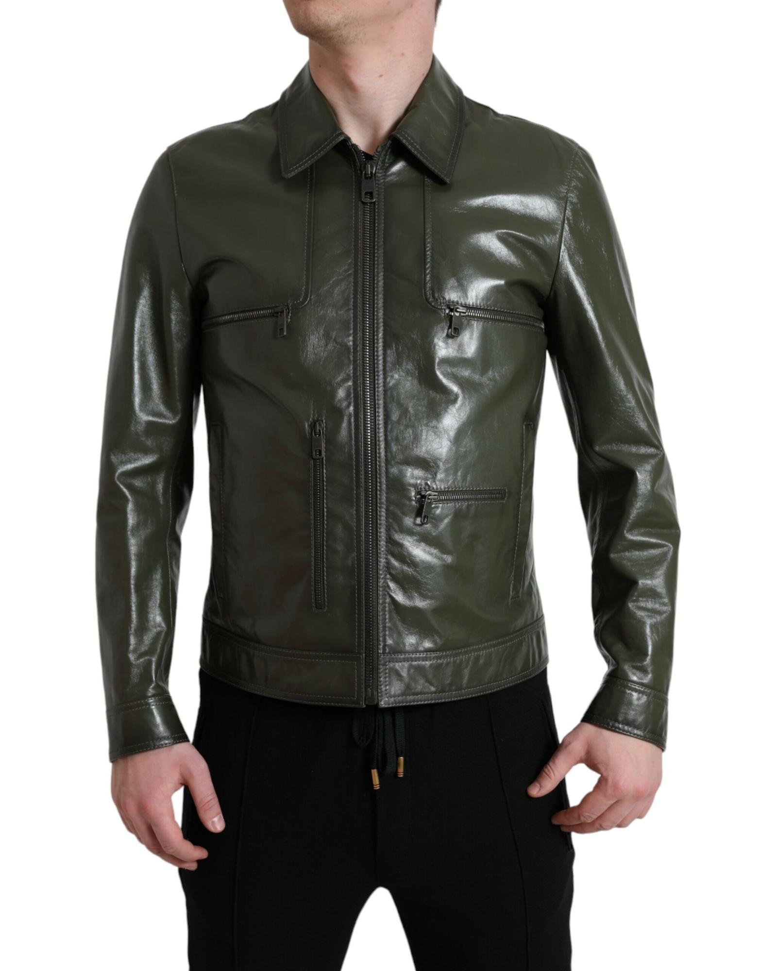 Dolce & Gabbana Leather Collared Biker Jacket Regular XXL Green