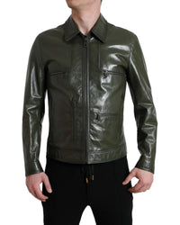 Dolce & Gabbana Leather Collared Biker Jacket Regular XXL Green