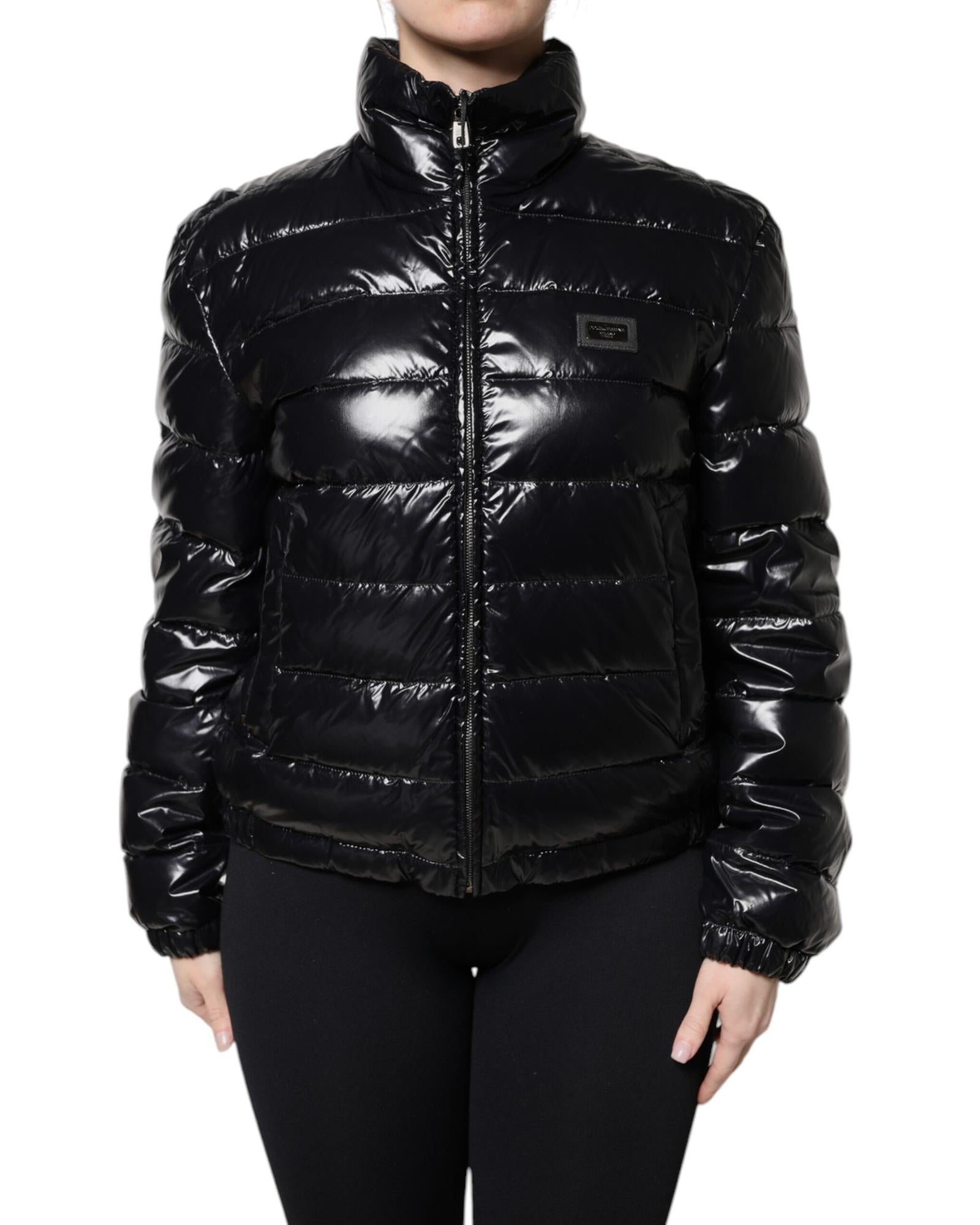 Dolce & Gabbana Shiny Puffer Jacket with High Neck Women Black Coats Black