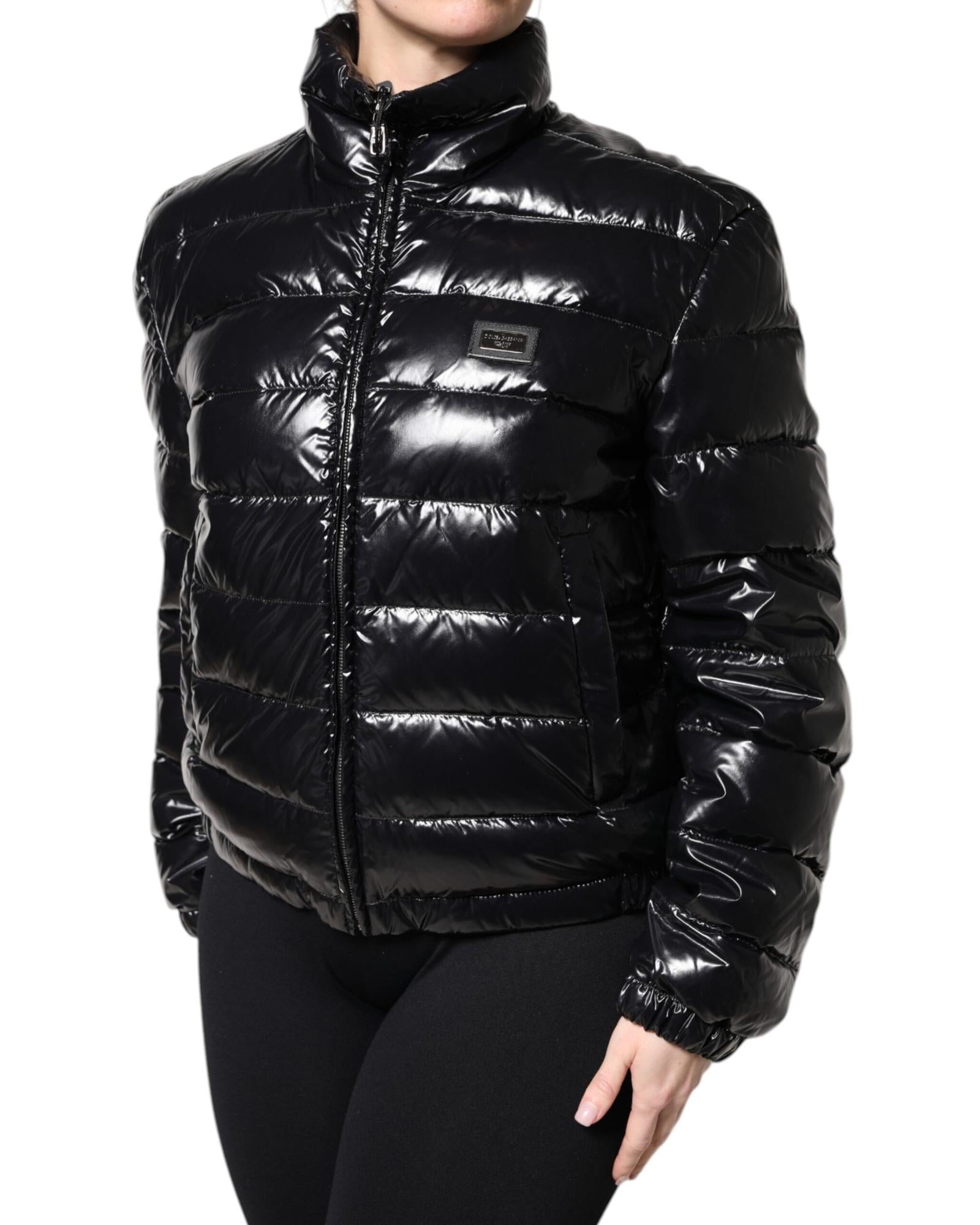 Dolce & Gabbana Shiny Puffer Jacket with High Neck Women Black Coats