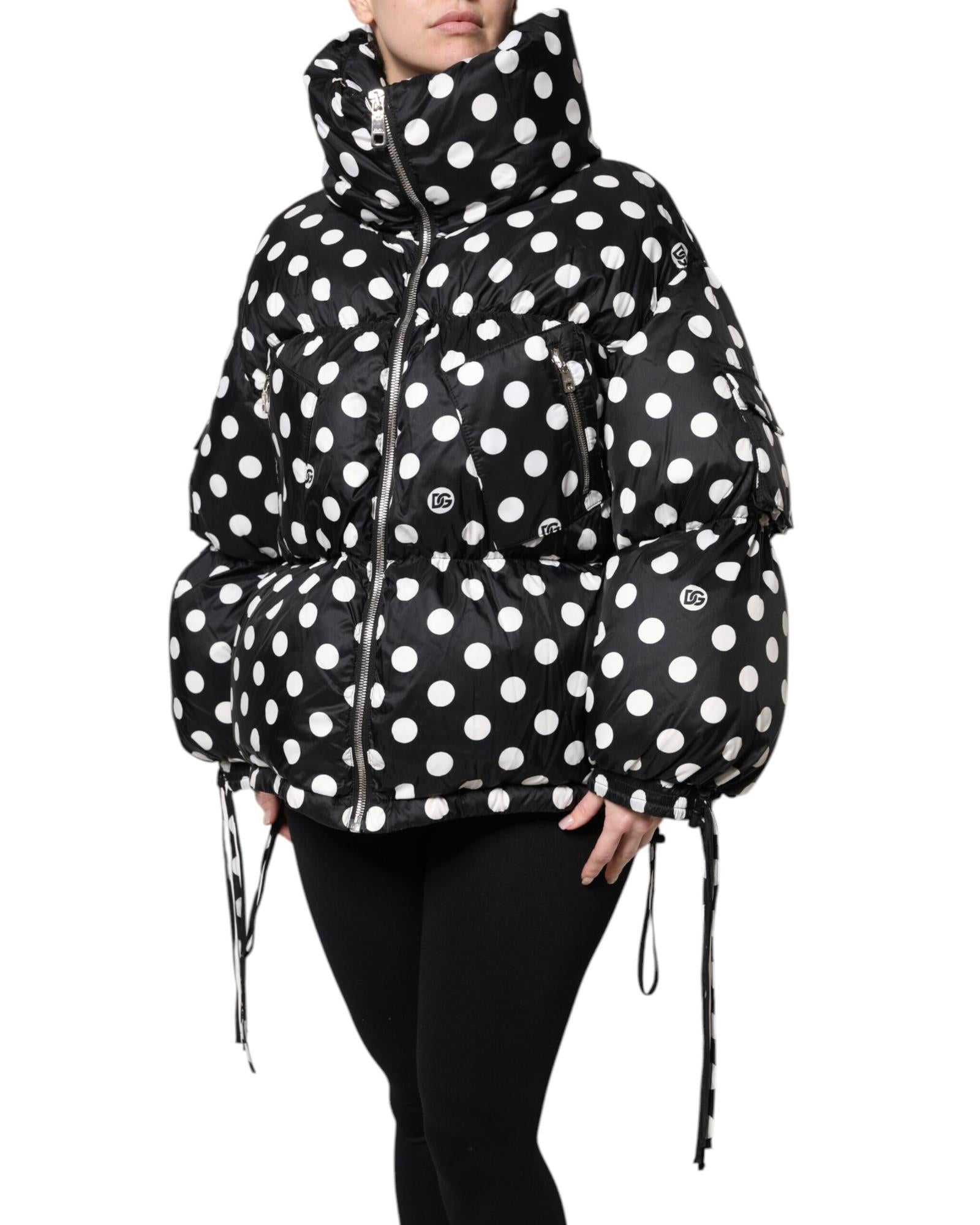 Dolce & Gabbana Polka Dot Puffer Jacket with Drawstrings Women Black And White Coats