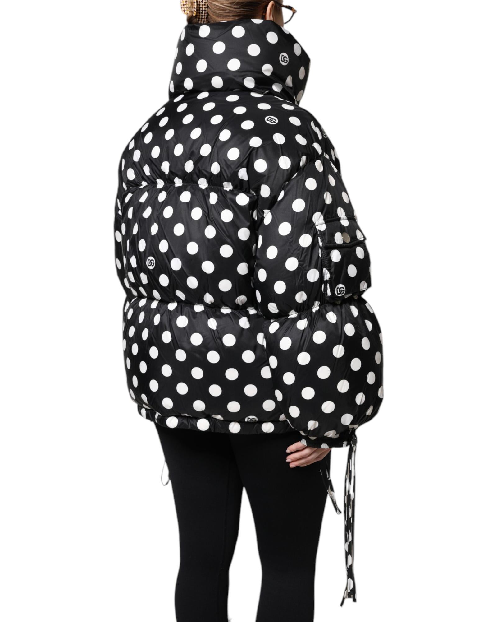 Dolce & Gabbana Polka Dot Puffer Jacket with Drawstrings Women Black And White Coats