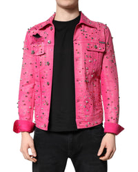 Dolce & Gabbana Pink Denim Jacket Crystal Studded Men Regular L Pink