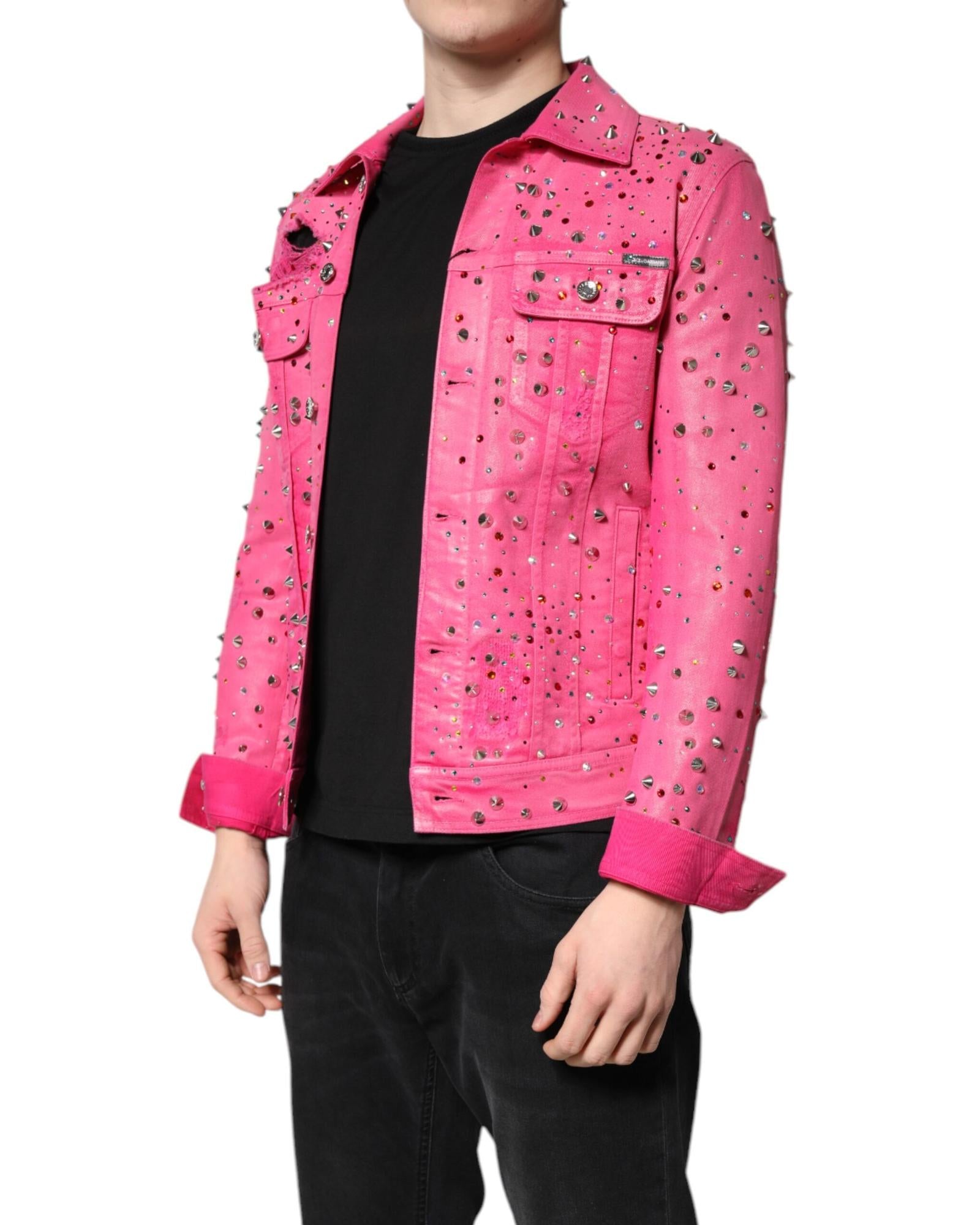 Dolce & Gabbana Pink Denim Jacket Crystal Studded Men