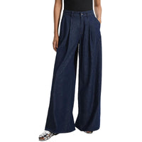 Womens Pleated Denim Wide Leg Jeans Indigo