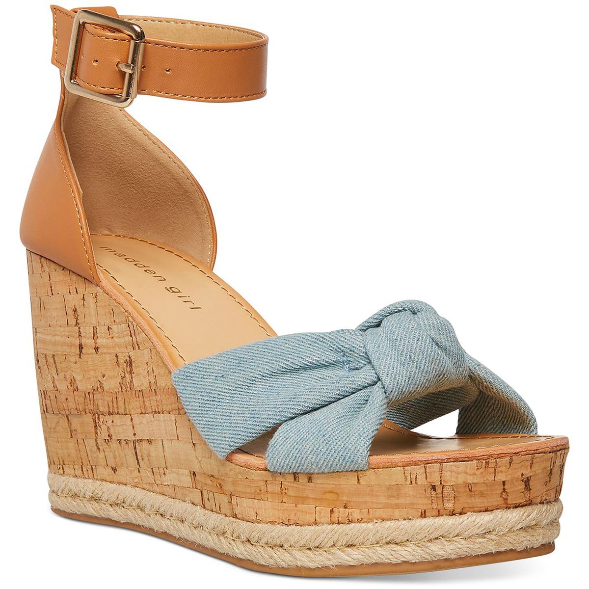 Colette Womens Knot-Front Ankle Strap Wedge Heels Denim