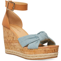 Colette Womens Knot-Front Ankle Strap Wedge Heels Denim
