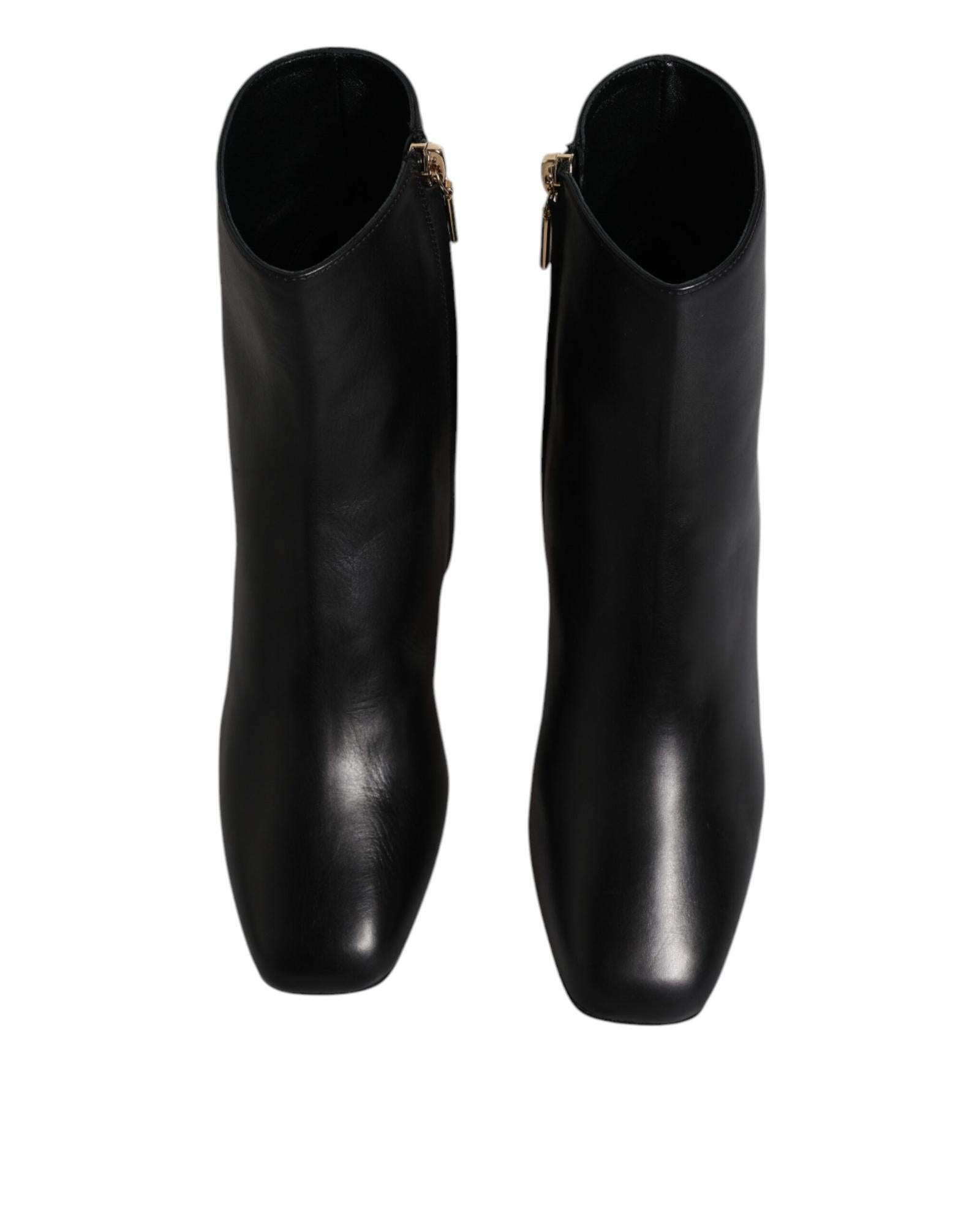Dolce & Gabbana Jackie Leather Mid Calf Boots with Side Zipper and Logo Details