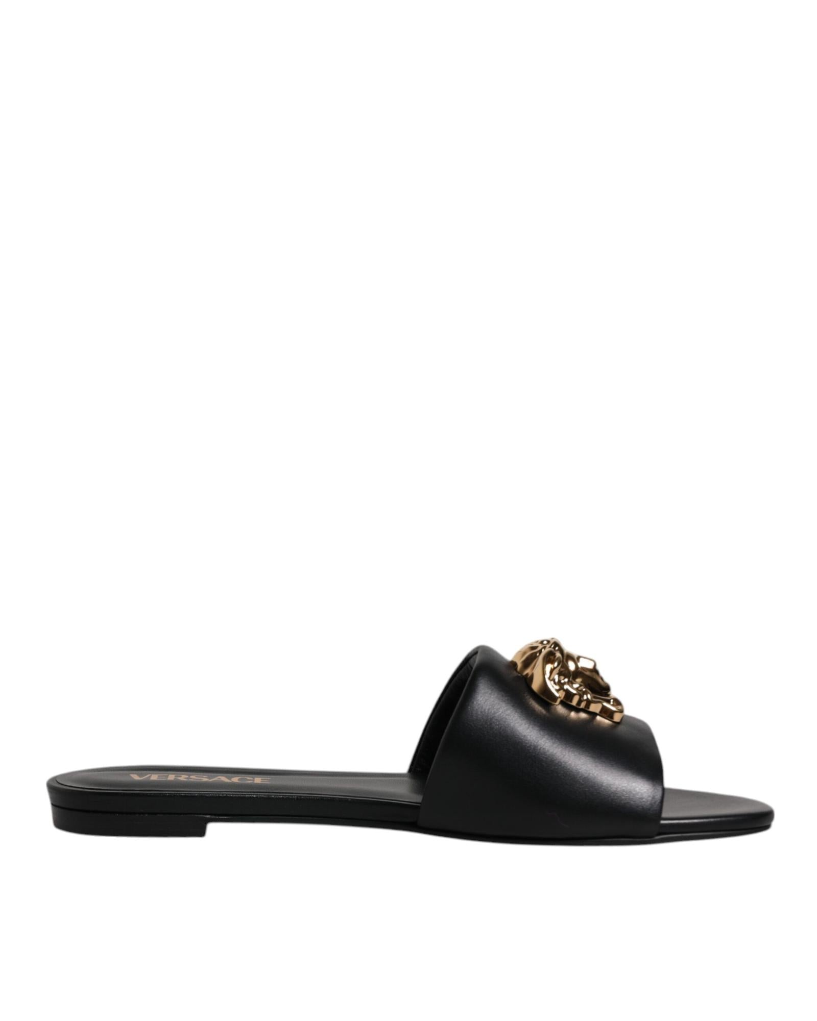 Versace Medusa Head Slides Leather Sandals Women Black Flats 8 Black