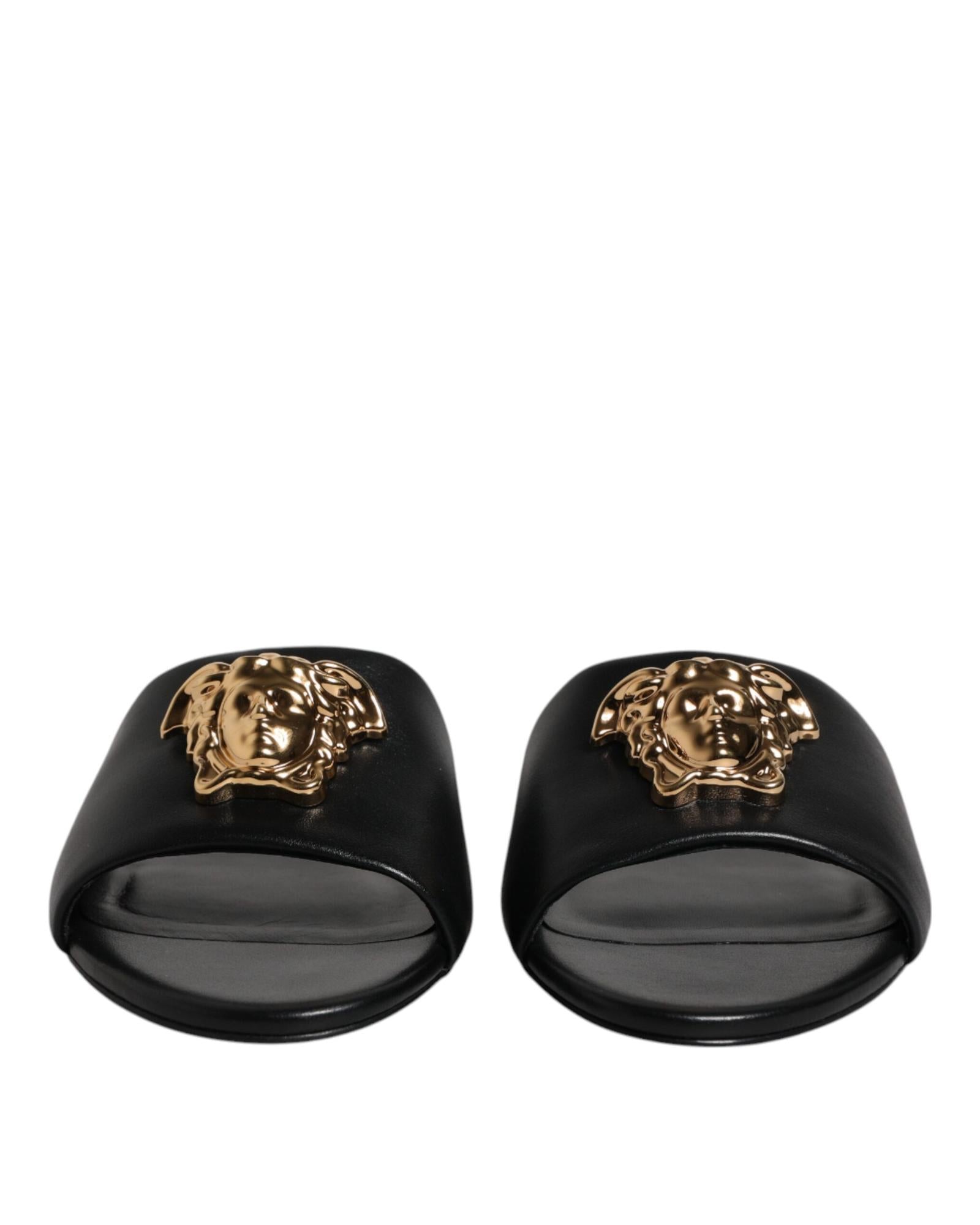 Versace Medusa Head Slides Leather Sandals Women Black Flats
