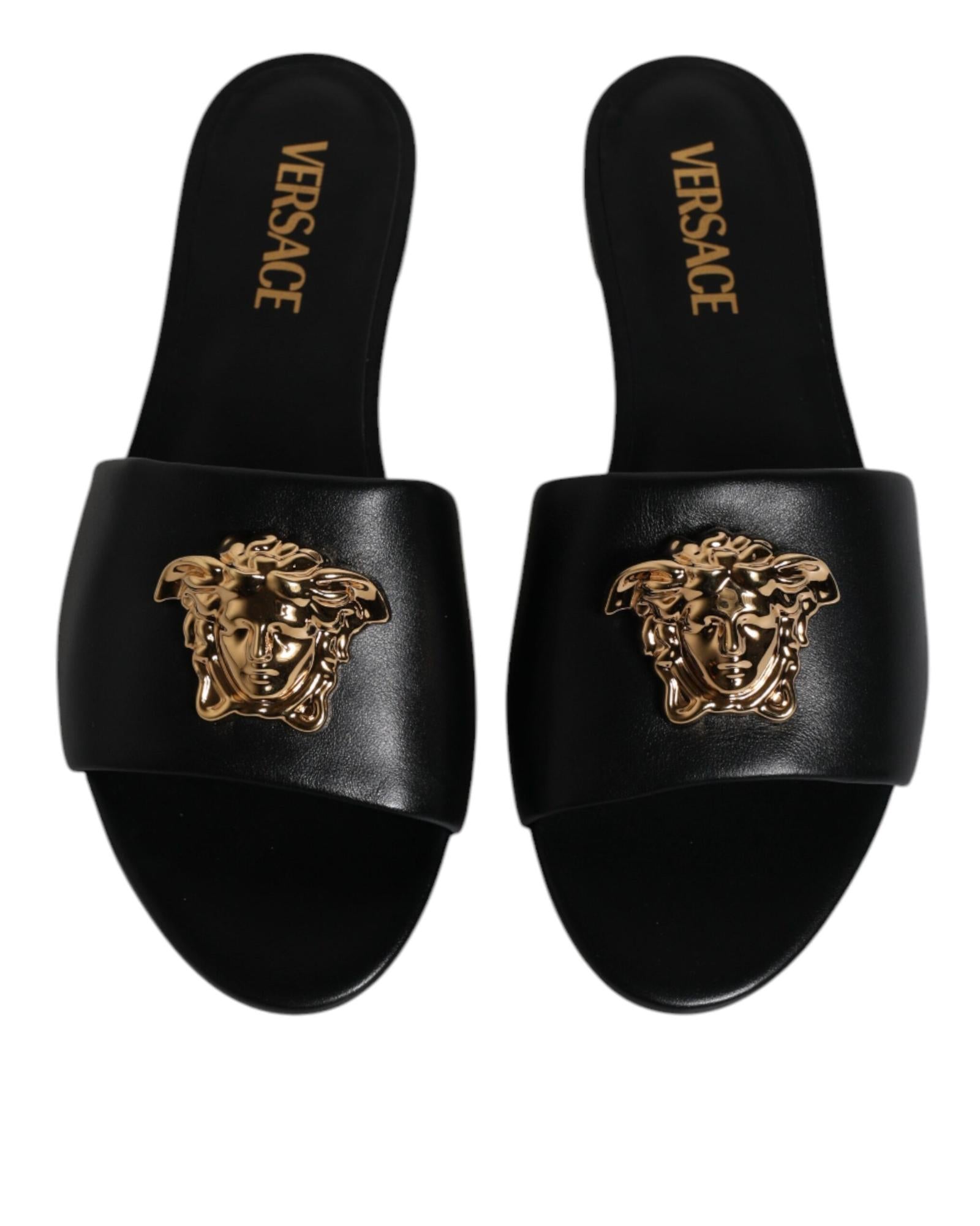 Versace Medusa Head Slides Leather Sandals Women Black Flats