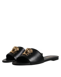 Versace Medusa Head Slides Leather Sandals Women Black Flats