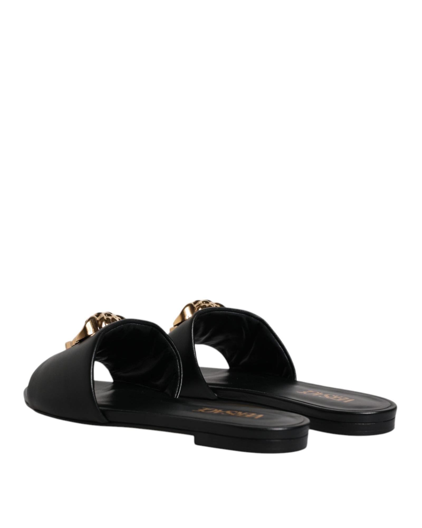 Versace Medusa Head Slides Leather Sandals Women Black Flats