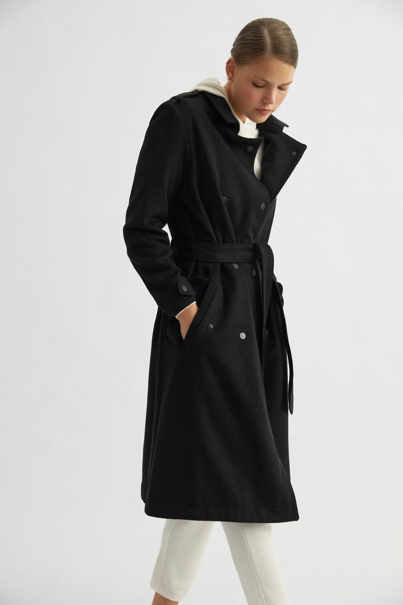 Black Wool Trench Coat Regular 6 (S) Black