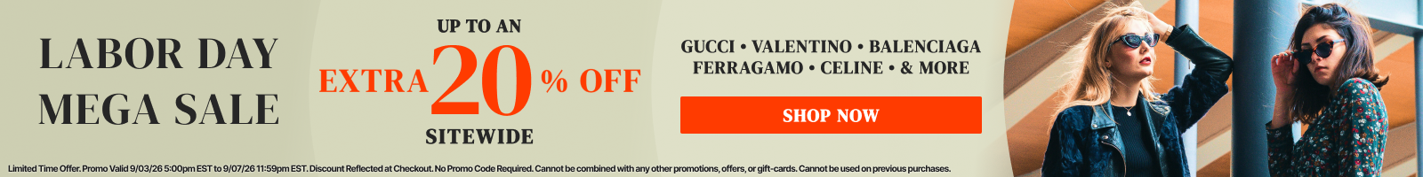 A promotional banner featuring a large orange '20% OFF SITEWIDE' and 'LABOR DAY MEGA SALE' text, alongside a vertical image of a woman wearing a black and white patterned dress. The left side includes fine print with brand names such as Gucci, Valentino, and Balenciaga.