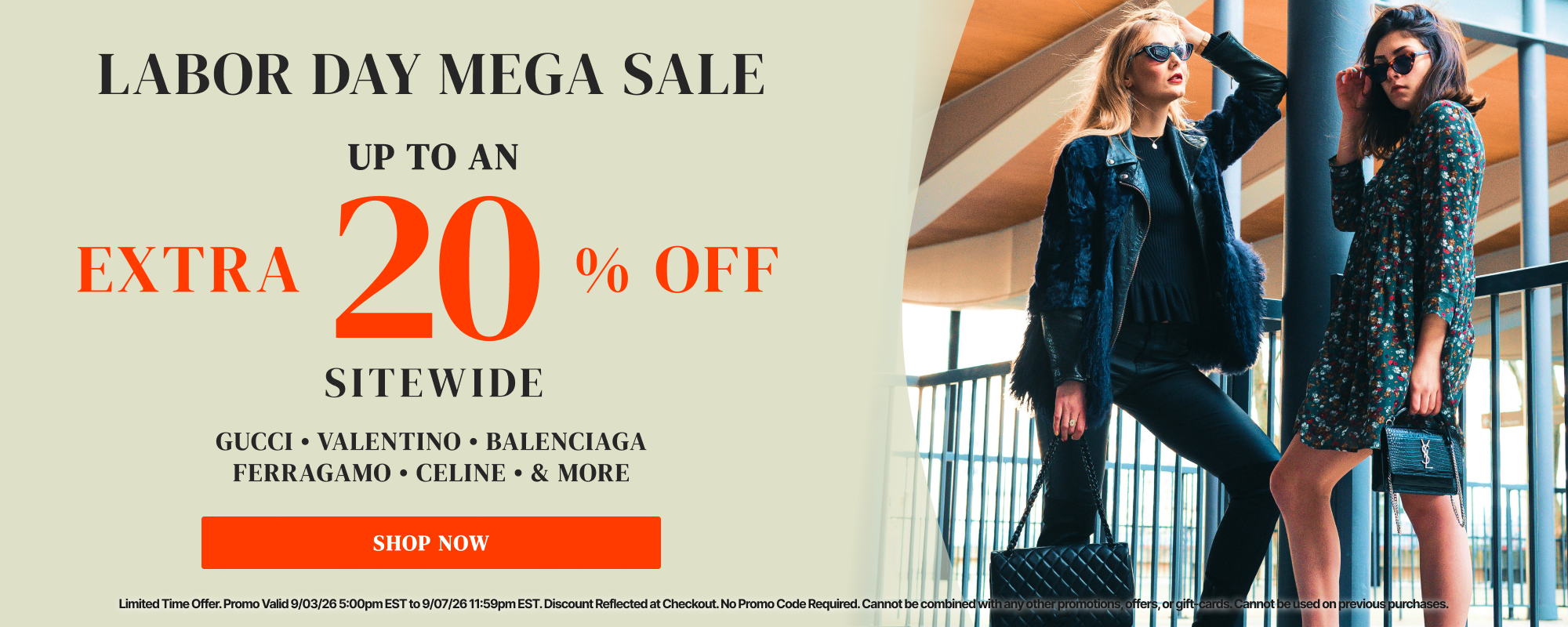 Labor Day Mega Sale promotional banner featuring two women standing outdoors near a railing, with large text offering up to 20% off sitewide. Visible brands listed include Gucci, Valentino, Balenciaga, Ferragamo, Celine, and more.