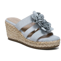 Oodles-Flower Womens Slip On Wedge Sandals Sky Blue