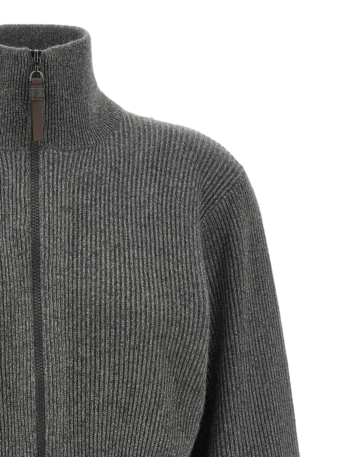 Brunello Cucinelli Women Ribbed Cardigan With Leather Detail