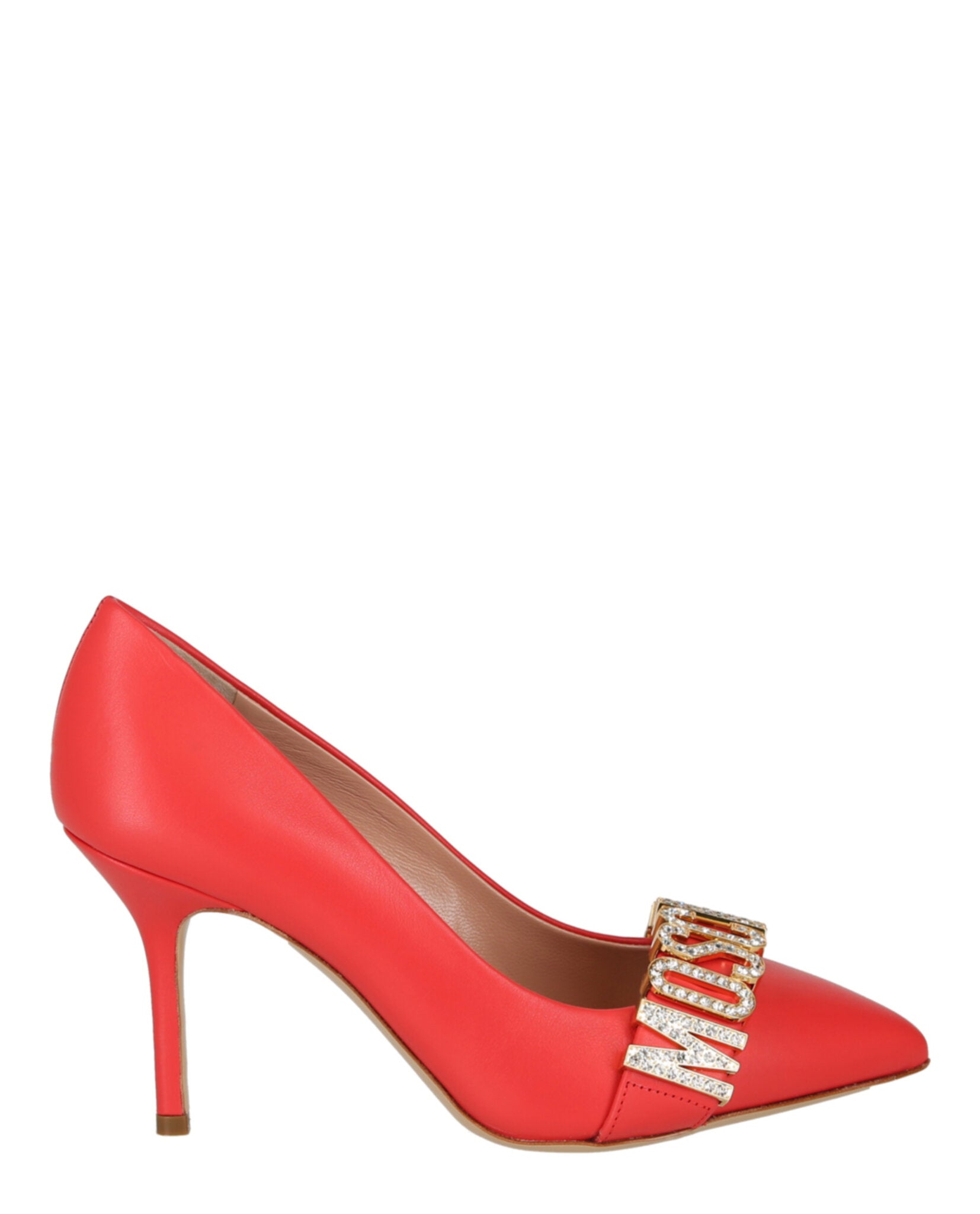 Moschino Womens Crystal Logo Leather Pumps